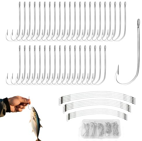55pcs Stainless Steel Fishing Hooks with Lines, Assorted 1/0-5/0 Sizes, Sharp Barbed and Sea Fishing Hooks for Saltwater and Freshwater, Sturdy Tackle Box Kit for Anglers