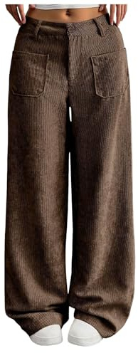 Cordhose Damen Weites Bein Hosen High Waist Baggy Jogginghose Lang Casual Cord Hose Damen Locker Bequeme Stoffhose Einfarbig Freizeithose mit Taschen (Coffee, L)
