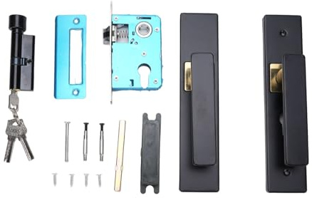 Buachois Juego de Palanca de Puerta con Llave, Kit Completo con Placa Reforzada Antidesgaste, Apertura Silenciosa, Pomelo Sólido de Aluminio para Dormitorios, Baños, Hoteles (Negro+oro)