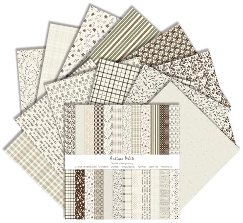 Antikes weißes Scrapbook-Papier, 24 Blatt, 30,5 x 30,5 cm, doppelseitig, 160 g/m², Vintage-Boho-Muster, Decoupage-Papier für Tagebuch, Kartenherstellung, DIY, Basteln, Foto-Dekor (Weiß, 30,5 x 30,5 cm