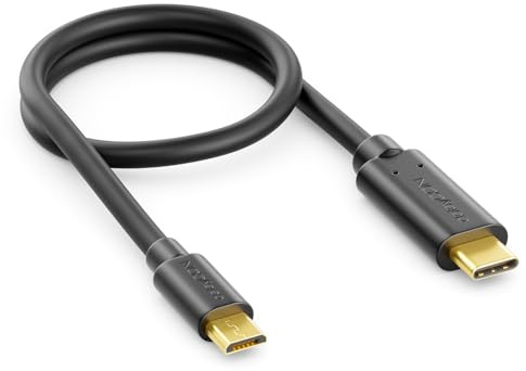 deleyCON 0,30m Câble Court USB‑C vers Micro‑USB - Câble de Charge & de Données - Compatible avec Téléphone, Smartphone, Tablette avec Port Micro‑USB ou Adaptateur de Charge, Ordinateur Portable - Noir