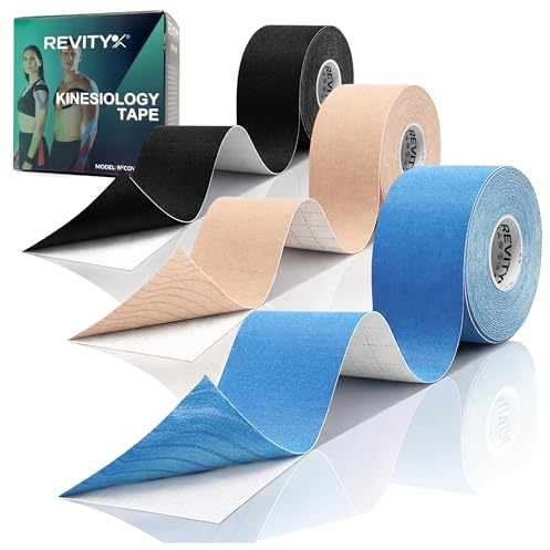 Revity Nastro kinesiologico, Kinesio Tape, nastro medico, dispositivo medico CE, kinesiotaping corpo intero, 3 rotoli 5 cm x 5 m, adesivo acrilico, resistente all acqua, traspirante, per infortuni