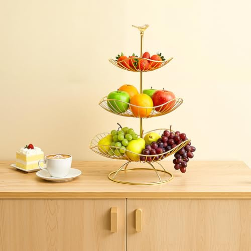 Repomanda Alzata per frutta a 3 piani in metallo con ciotola per frutta a forma di foglia di loto, per frutta, snack, pasticceria per frutta, noci, biscotti e dolci (oro)