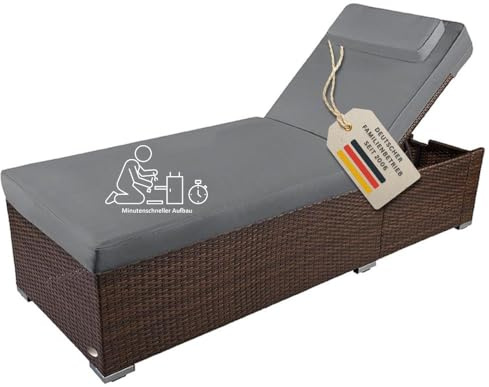 RS Trade Sonnenliege Gartenliege wetterfest extra hoch auch für Senioren – Polyrattan Outdoor mit Rollen, stabil & belastbar bis 200kg, XXL für Garten Terrasse Balkon, braun Rattan, mit grauer Auflage
