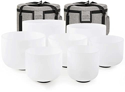 CVNC 432HZ 6-12 Inch Set of 7 PCS Frosted Quartz Crystal Singing Bowls (15cm-30cm) with 2 PCS Travel Carry Case Bag for Sound Healing and Therapy Meditation