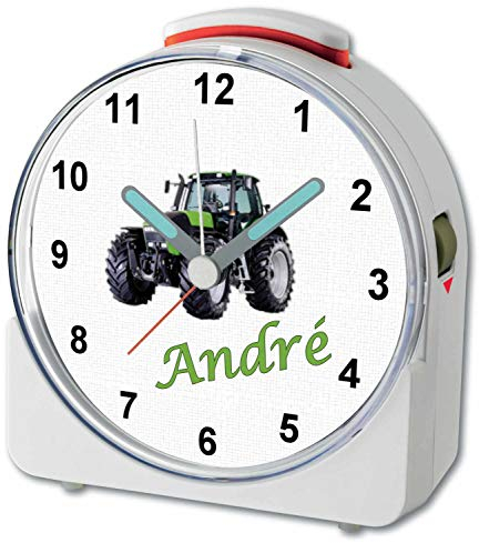 CreaDesign, WU-71-1104, Traktor, analog Kinderwecker weiß, Funkwecker mit Sweep-Uhrwerk und fluoreszierenden Zeiger und Licht, personlisiert mit Namen, 10,2 x 4,6 x 11 cm