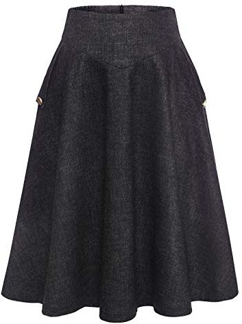 Damen Lang Vintage Elegant Plaid Winterrock - Warm Elastische Taille A-Linie Röcke Casual Hohe Taille Midi Rock - Black XL