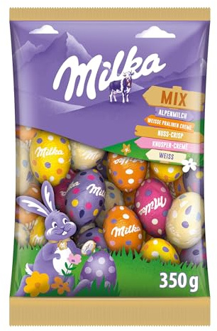 Milka Eier Mix – Bunte Mischung gefüllter Osterschokoladen-Eier in fünf Sorten – 350g