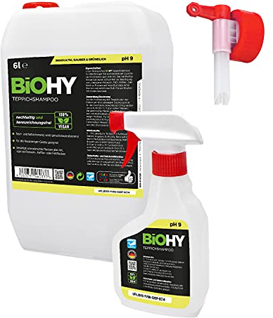 BiOHY Carpet Shampoo (6l Canister) + Spray Bottle and Outlet tap | Carpet Cleaner Ideal for Removing Stubborn Stains | Specially Developed for Washing Vacuum Cleaners (Teppichshampoo)
