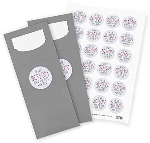 itenga 24x Bestecktaschen GRAU Oh wie schön dass ihr alle hier seid Pochetten inkl. Serviette und Sticker Aufkleber Tischdeko Einweggeschirr