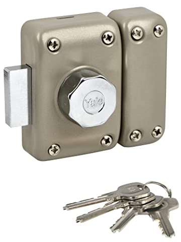 Yale Verrou de Porte Bouton/Cylindre - Ouverture à Bouton Intérieur, à Clé extérieur - Cylindre diamètre 23 mm, Longueur 40 mm, 5 goupilles - YV25BT-40 - Protection Anti arrachement - 4 clés, Beige