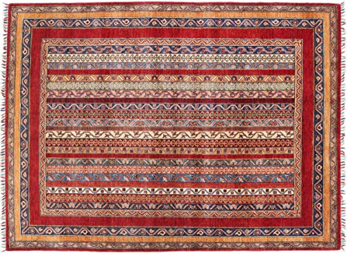 RUG PRINCE Afghan Khorjin Shaal Teppich 150x200 Handgeknüpft Rot Streifen Orient Kurzflor b