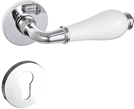 Gavroche Maniglia per Porta con Elementi in Porcellana | Cromata Lucidata | Con Cilindro Profilato, Rosette PZ | Set con Materiale