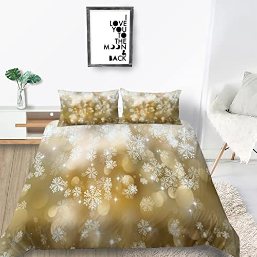 Bettwäsche 220x240 3 teilig Winter Bettbezug 220 x 240 Set mit Kissenbezüge, Winterbettwäsche 240x220 aus Mikrofaser Weich Bettwäsche Set mit Reißverschluss Hellgelbe Schneeflocke