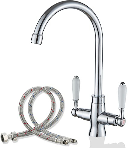 Kitchen Mixer Tap Chrome 1 Hole Brass Material Dual Lever Monobloc Gooseneck High Arch 360 Swivel Hot and Cold Sink Taps Deck Mount for Kitchen UK Standard with Flexi Tails Easy to Install