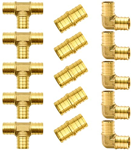 15pcs 3/4 PEX Fittings, Elbow TEE Straight Couplings Set, PEX Brass Crimp Fitting Combo with Tees, Elbows, Straights