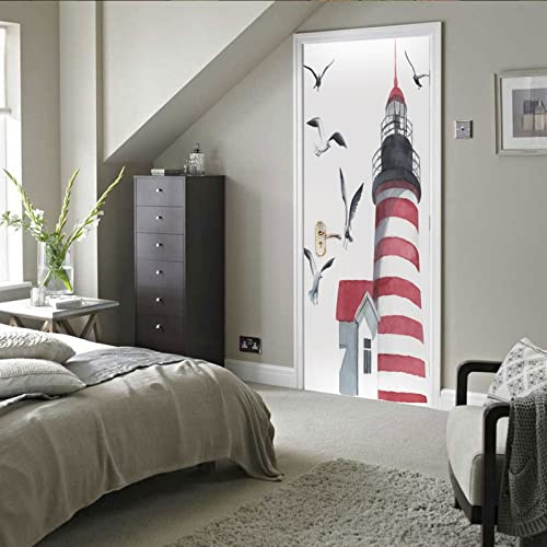 A.Monamour Türtapete Selbstklebend Türfolie Türposter 3D Aquarell Leuchtturm Und Möwen Auf Weißem Hintergrund Vinyl Folie Türdeko Tapete Wandbild Türaufkleber Türtattoo 77 x 200 cm