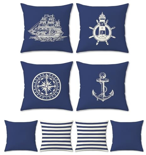 Bonhause Nautiskt sjöfartskuddöverdrag 40 x 40 cm båda sidor ankarkompass dekorativa kuddöverdrag polyester linne blå örngott för bäddsoffa hem utomhus dekor set med 4