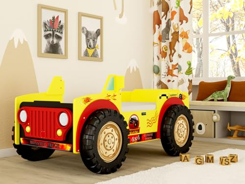 Faizee Möbel Monster Truck Kinderbett in Gelb mit roten Akzenten Hochwertiges MDF Kinderzimmer Bett 207x116x90