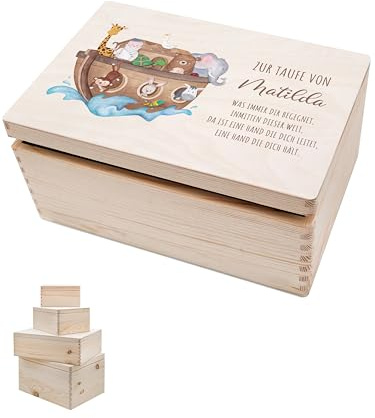wunderwunsch® - Personalisierte Erinnerungsbox Baby mit Spezial-Druck - Baby Erinnerungsbox - Erinnerungskiste aus Holz - Geschenk zur Geburt (Tiere Arche Noah, S | 30 x 20 x 14 cm)