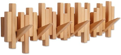 Acsigesn Wooden Coat Rack Wall Mounted Sticks Multi Rack Solid Handmade Natural Beech Wood Artwork with 6 Flip-Down Unique Modern Hooks for Coats Bag Hat Umbrella