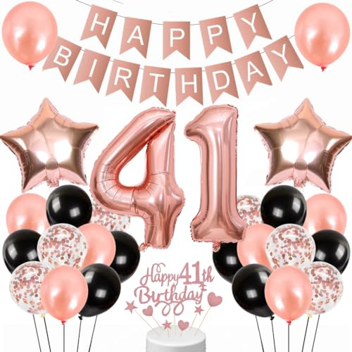 Conruich 41 Jahre Geburtstagsdeko für Frauen und Männer - Luftballon, Rosegold Tortendeko, Happy Birthday Banner - Party Dekoration