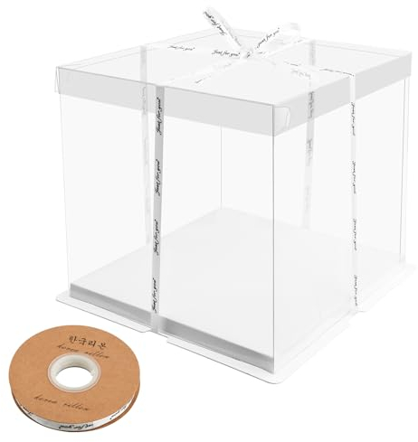 Cozlly Scatola per Torta Trasparente, Contenitore Porta Torta con Coperchio, Porta Torta Doppio Strato con Nastri, Scatole Regalo Plastica per Feste di Anniversario Compleanno- 8 inch 26x26x24cm