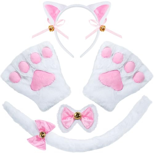 Spooktacular Creations 5-delad vit kattdräkt tillbehör med pannband för kattöron, tass-handskar, fluga, svans för vuxna, barn, cosplay, halloweenfestutklädningsset