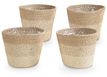 Bloomique - Geflochtener Blumentopf Gaby - Set mit 4 Töpfen - Beige - Jute - Korb für Pflanzen - Innen und Außen - H13x Ø12