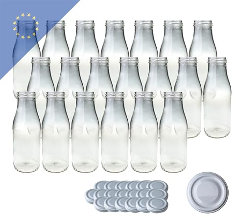 Verpackungsstadl 20 Stk. Saftflaschen 500 ml mit TO 48 Deckel weiß – Transparente Glasflaschen für Saft, Milch & Smoothies – Wiederverwendbar, spülmaschinenfest und langlebig