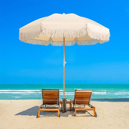 Parasol de plage Parasols de plage beiges de 5,9 pieds pour parasol de sable avec parasol de patio extérieur à franges UPF 50+ parasol de marché avec parasols de table inclinables pour l'extérieur pa