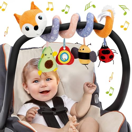 Kulveanju Kinderwagen Spielzeug Baby, Babyschale Autositz Bett Activity Spirale Spielzeug, Plüschtier Hänge Sensorik Spielzeug Geschenk für Neugeborenen Mädchen & Junge 0 3 6 9 12 Monate, Orange Fuchs