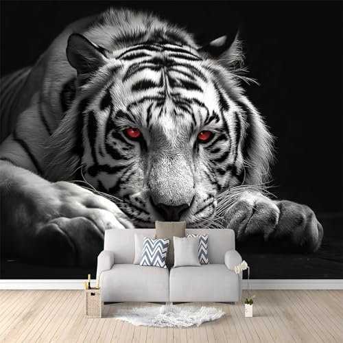 Générique Papier Peint intissé Animal Tigre Blanc Noir 350x256 cm Papier Peint Photo Panoramique, Poster Geant Mural Personnalisé 3D, pour Salon Cuisines Chambre Adulte Enfant Décor Murale