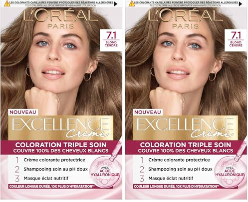 L'Oréal Paris - Excellence Crème -Kit de Coloration Permanente Triple Soin de Cheveux - 100% Couverture Cheveux Blancs - Nuance 7,1 Blond Cendré (Lot de 2)