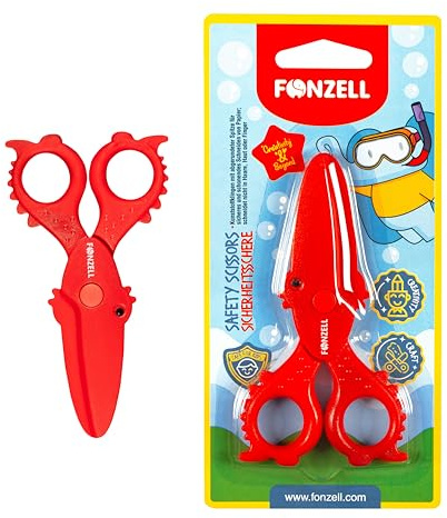 FONZELL Sicherheitsschere für Kinder – 11,5 cm, Rot, Fischform – Kinderschere aus Kunststoff, Schneidet nur Papier, CE-zertifiziert, Ungiftig & Sicher für Vorschule, Schule & Basteln