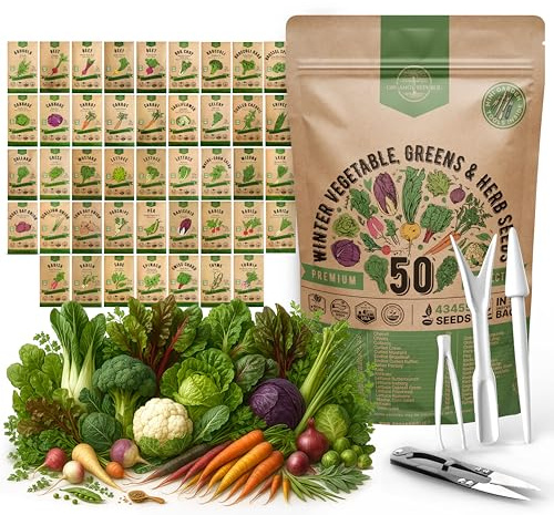 50 Winter Vegetable Garden Seeds Variety Pack - 43,450+ Non-GMO Heirloom Seeds for Outdoors & Indoor Home Gardening, Including Kohlrabi, Lettuce, Radish, Onion, Choy, Spinach, Cauliflower, Collards