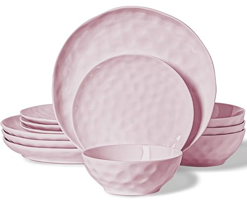 HOMBENE Plates and Bowls Sets, Dinnerware Set 12 Piece Service Porcelain Dinnerware for 4, for Dessert Salad and Pasta, Sakura Pink Dishes