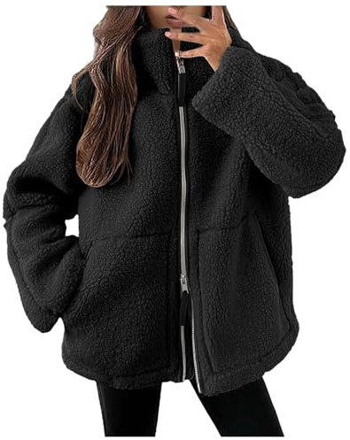 Vhersily 2025 Regal Women's Fleece Winter Warm with Zipper Short Bedroom Jacket without Hood Jackets Solid Color Plush Coat Comfortable Sherpa Fleece Jacket, Black A, M