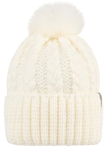 Sterntaler Strickmütze mit Umschlag, Zopfmuster und Kunstpelz-Pompon – Mädchen – warme Mütze für Baby und Kinder, Ecru, Größe 55