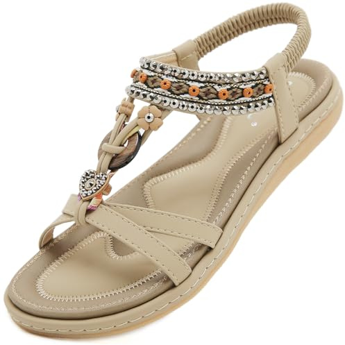 Acfoda Sandali Donna Estive Piatto Eleganti Infradito Bohemia Sandalo de Spiaggia Casual Comodi Scarpe Bassi Ortopedici Sandale Beige 41