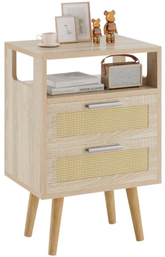 YMYNY Comodino, Tavolino con 2 cassetti, Decorato in Rattan fatto a mano, Comoda Boho, Gambe di legno massiccio, Scomparto Aperto, per Camera da Letto, Soggiorno, Naturale HST015N