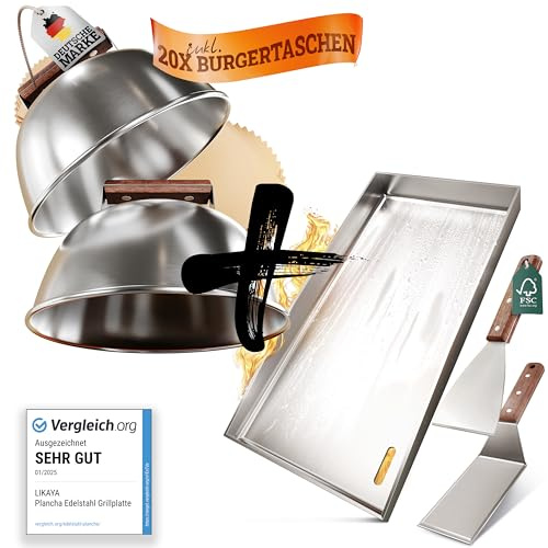 [BUNDLE] LIKAYA Plancha Plaque de cuisson en acier inoxydable [20 x 40 cm] + lot de cloches à hamburger – 2 spatules pour barbecue & 2 cloches à hamburger avec manche en bois d'acacia FSC – Des