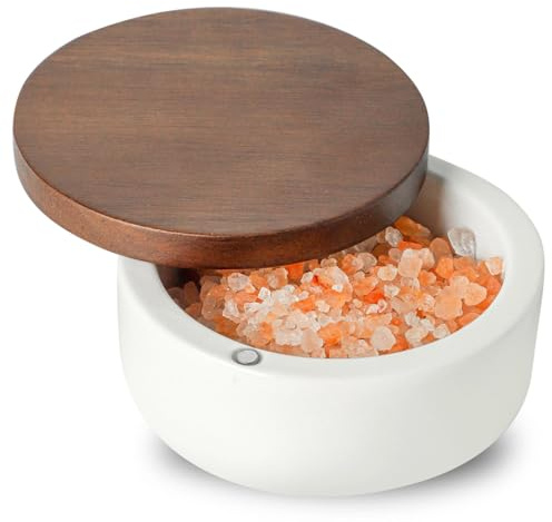 Besmeety Keramik Salzdose mit Acacia Holz Deckel, Salzbehälter, Salzstreuer mit Magnetischem Deckel, Salz und Pfefferstreuer, Salz Aufbewahrung, 150ML