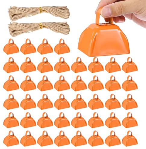 PATIKIL 48 Stück Kuhglocken Für Football Spiele 3 Zoll Kuhglocken Für Sportveranstaltungen Bulk Laute Geräuschemacher Metall Kuhglocke Mit Seil Für Jubel Hochzeit Orange