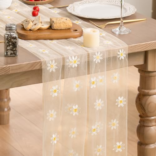 Artoid Mode Aprikose Tüll mit Stickerei Gänseblümchen Frühling Tischläufer 70x300 cm, Sommer Küche Tisch Dekoration Drinnen Urlaub Party Dekor