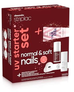 alessandro Striplac Peel-Off UV Nagellack Set mit LED – ohne Aceton | Starter Set inkl. 5-Finger-LED - für Normal & Soft nails - Limited Edition - mit Handcreme - Dunkelrot