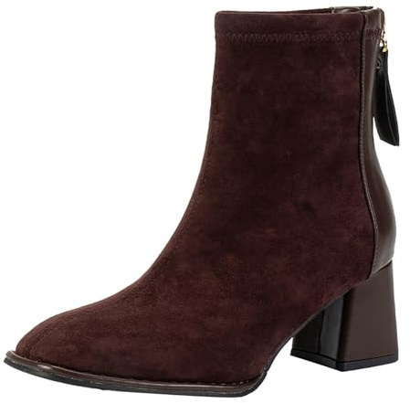 Generisch Botas ajustadas para mujer con talón elástico Botines de mujer con tacón de bloque Cremallera Botas cortas elegantes de moda con punta puntiaguda - Botines gruesos de tacón alto, marrón, 38