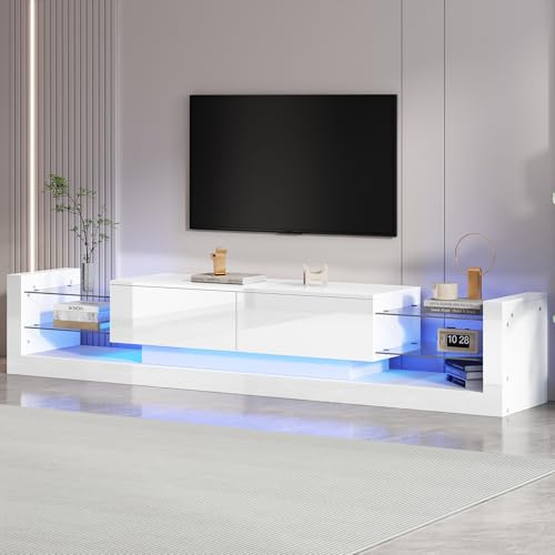 SACOOL Armario para TV de alto brillo, 181 x 38 x 38 cm, con iluminación LED, para televisores de hasta 80 pulgadas, frontal de cristal, dos cajones plegables