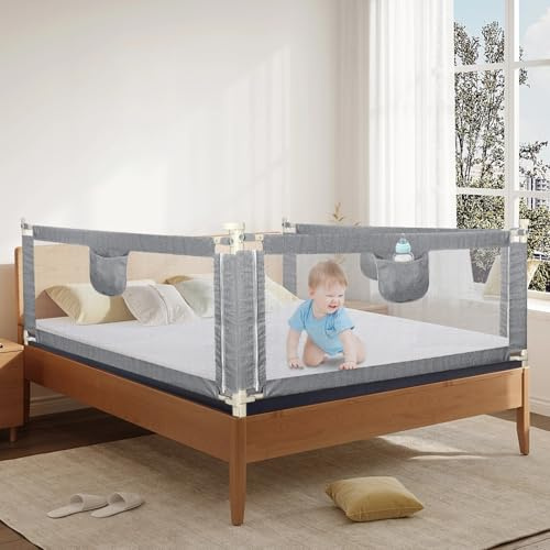 HUOLE Griglia di protezione per letto da 150/180/200cm, altezza regolabile, griglia di protezione per letto per bambini, con rete ariosa, sicura, facile da montare, 1,8 m-grigio