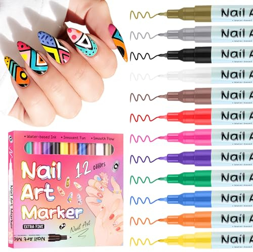12 Colors Nail Art Pens Kit, EBANKU Nail Polish Pens with Fine Tip for Drawing, Nail Art Designs, Acrylic Paint Nail Point Dotting Liner Pen Tools for Home DIY Salon Nail